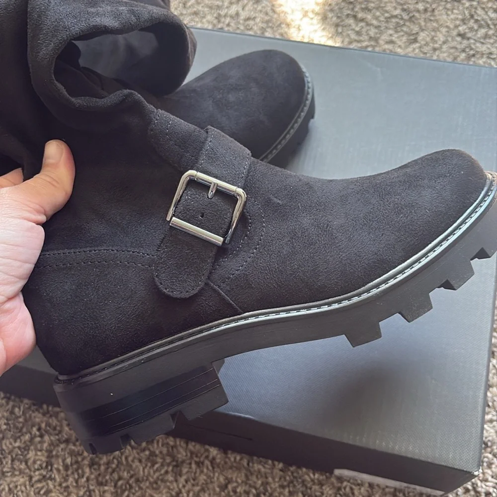 NEW In Box Marc Fisher Black Suede Ganven Lug Over The Knee Boot Size 7.5